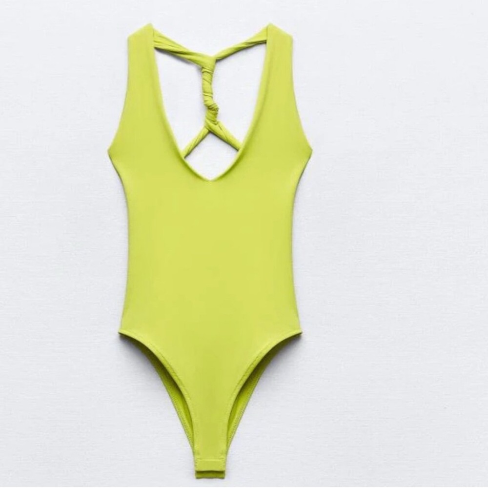 ZARA Neon Yellow Lime Sleeveless V-neck
Twist Cross Back Snap Thong Bodysuit - Picture 2 of 9